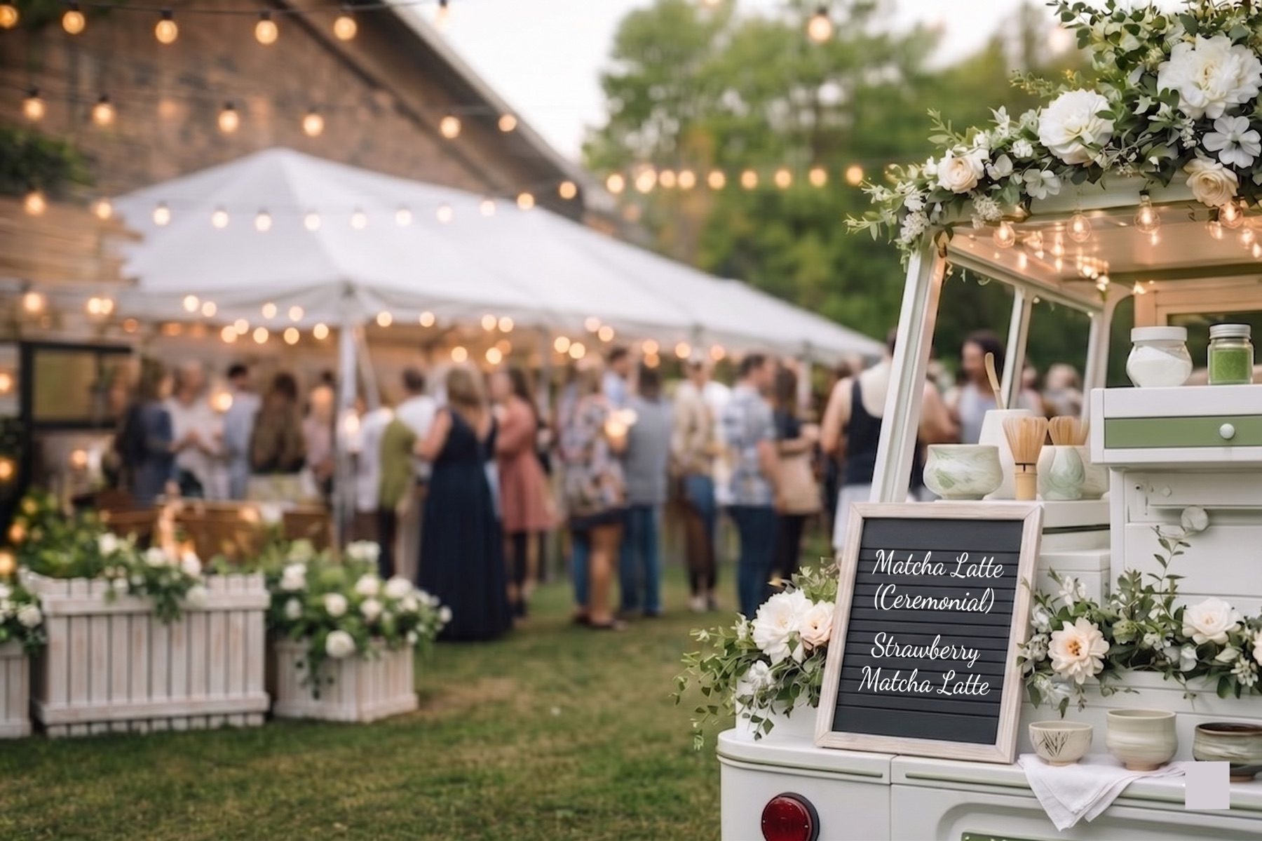 A floral-decorated Gleam & Sip matcha cart with a ceremonial and strawberry matcha latte menu under string lights at an outdoor wedding